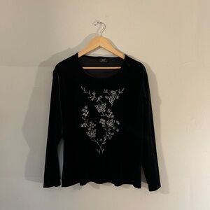 Vintage 90s whimsygoth black velvet glitter butterfly floral long sleeve top XL